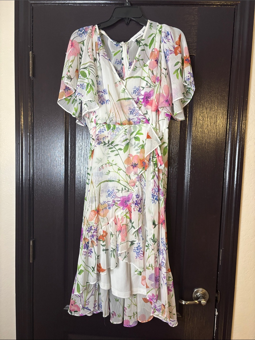 White Floral Wrap Midi Dress with Flutter Sleeves